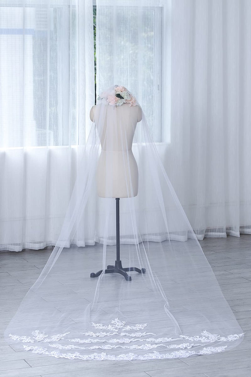 Bmirth 1 Layer Bridal Wedding Veil Cathedral Long Length Lace Bride Tulle Hair Accessories With Comb for women Floral 118" Veil Headpeice (Ivory-2) - Image 2